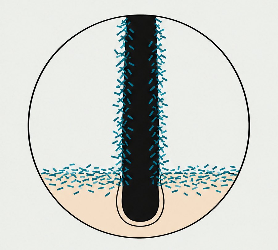 Les fibres pigmentées adhèrent aux cheveux et au cuir chevelu.