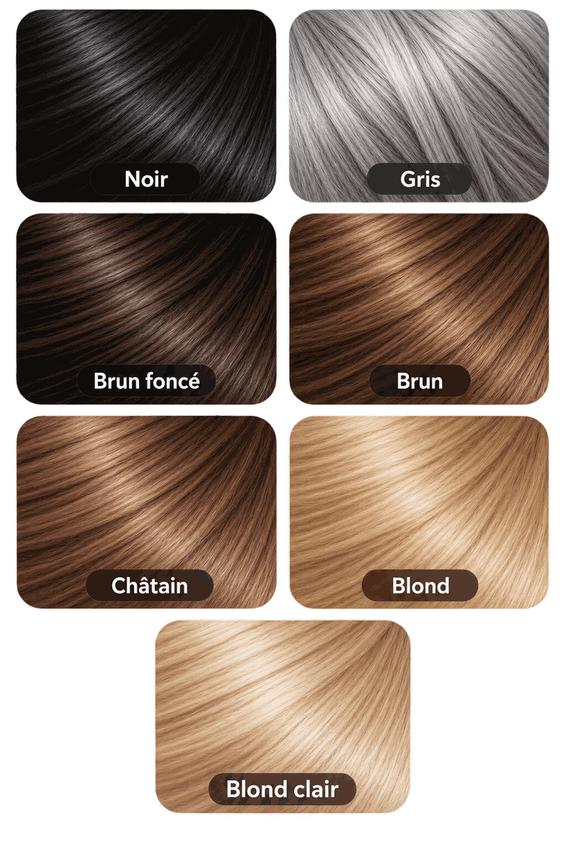 Guide des teintes : Noir, Gris, Brun foncé, Brun, Châtain, Blond, Blond clair